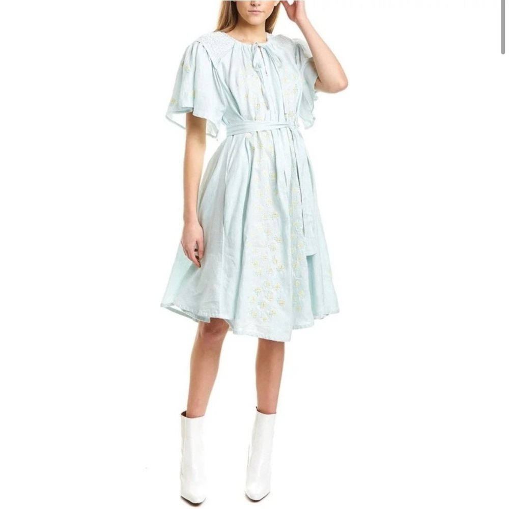 Innika Choo Hugh Jesmok Midi Smock Dress Sea Mist Blue Linen Pineapple Sz 2 / OS